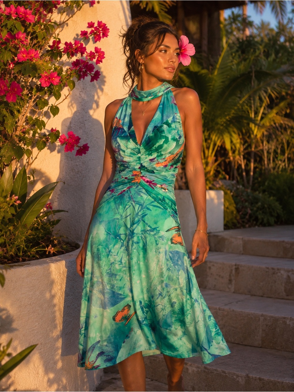 Vintage Qed London Green Floral Summer Halter Scarf Dress Size M Y2K